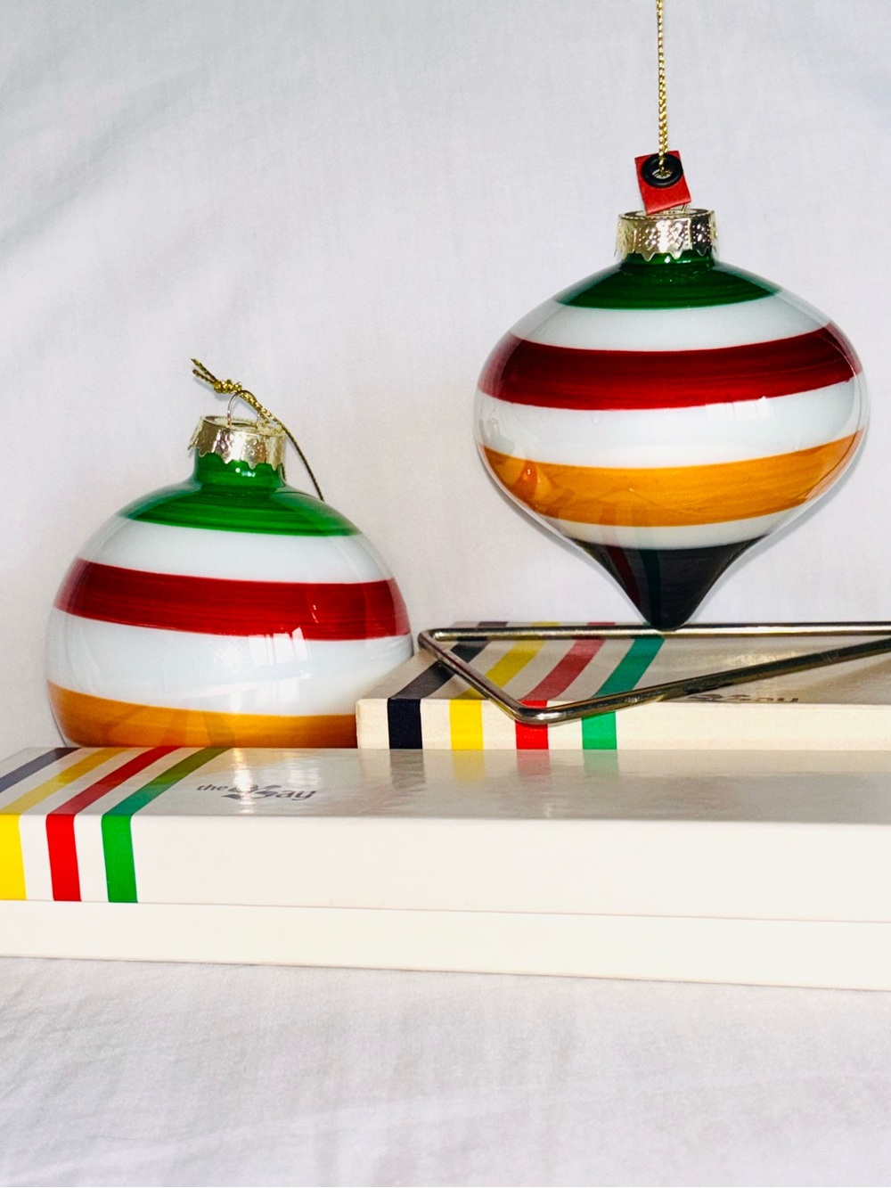HBC Stripes Lot Vintage Store Jewelry Box Glass Christmas Ball Tree Ornament X2